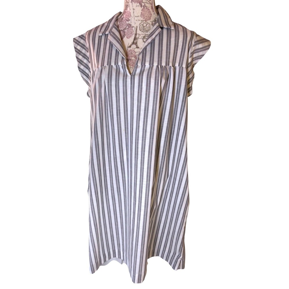 Vintage boutique RETRO CHIC Dress SZ 14 Gray White Striped Short Sleeve Collared